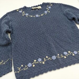 Vtg Northern Reflections Knit Sweater M Floral Scalloped Granny Cottagecore Blue